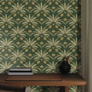 Super-Preis Tapete Gisele Grün - Detailreiches, schimmerndes Art-Deco-Pflanzenornament auf glatter Vliestapete