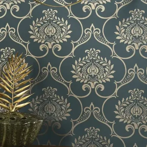 Angebot Tapete Arabella Petrol - Metallisch schimmerndes, klassisches Ornament auf matter, glatter Vliestapete
