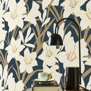 Tapete Lilian Dunkelblau - Großformatiges Blumenmotiv auf Vliesoberfläche Nur Für Kurze Zeit