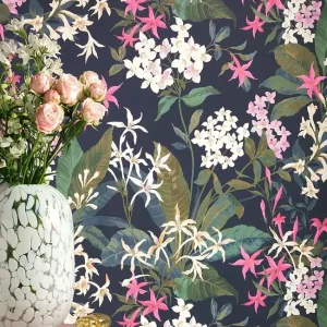 Expressversand Tapete Jasmin Anthrazit Fuchsia - Dunkler Fond in Vlies mit pinken und weißen Blüten
