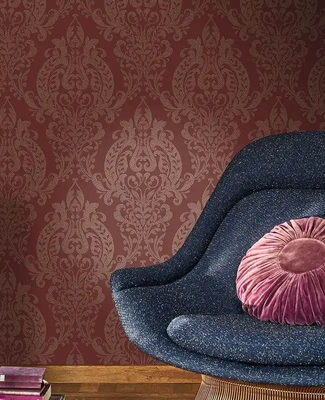 Knallerangebot Tapete Isabeau Rot - Klassisch Gold schimmerndes barockes Ornament auf dezent rot marmorierter Vliestapete