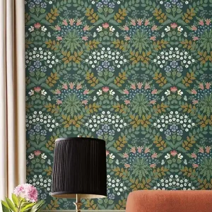 Tapete Brambely Dunkelgrün - Dunkle Vliestapete mit blumigen Motiven Direktkauf