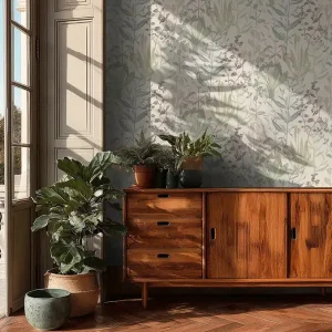 Tapete Soft Leaf Weiß - Florale Pflanzenzeichnung auf leicht strukturierter Vliestapete in matter Optik Jetzt Kaufen