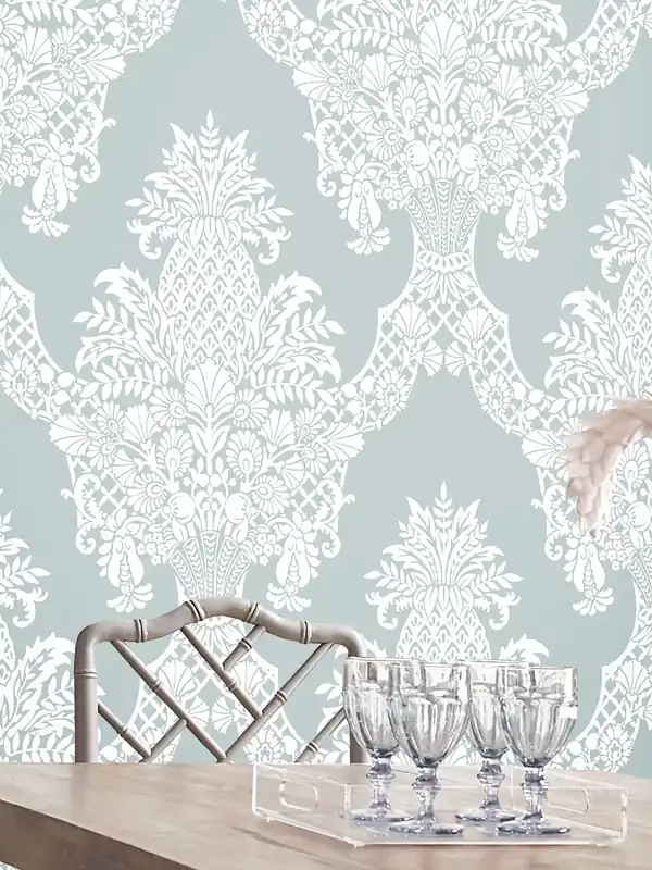 Begrenztes Angebot Tapete Pineapple Damask Pastelltürkis