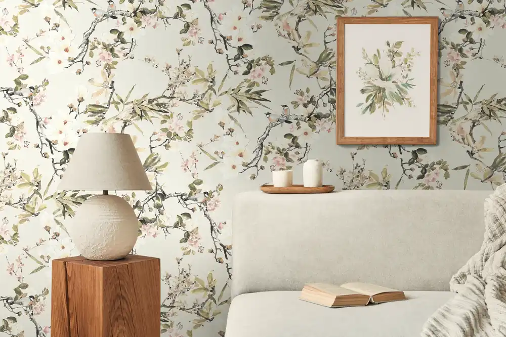 Begrenztes Angebot Michalsky Design-Tapete Creme Grün – Asiatische Blüten & Vögel