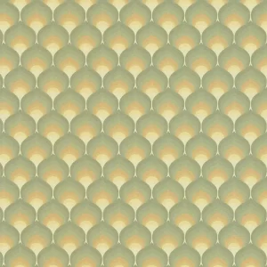 Retro Tapete Fächer-Muster Grün Gelb – Geometrische Grafik (Vinylstruktur) Jetzt Kaufen