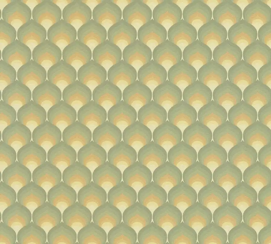 Retro Tapete Fächer-Muster Grün Gelb – Geometrische Grafik (Vinylstruktur) Jetzt Kaufen