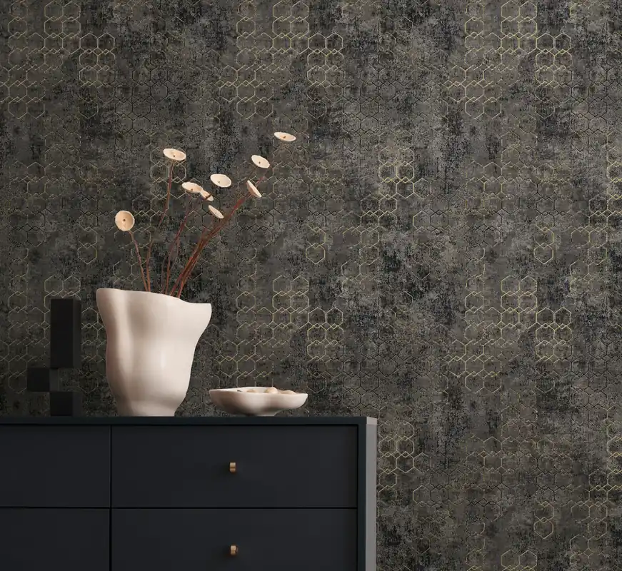 Design Vliestapete Schwarz Gold – Geometrisches Art-Deco Design (Vinyl auf Vlies) Neu Im Sortiment