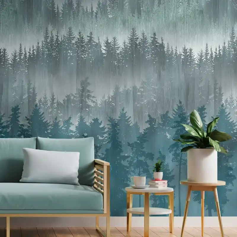 Vliestapete Waldmotiv Tannenwald Petrol Blau – The Wall II Preiswert