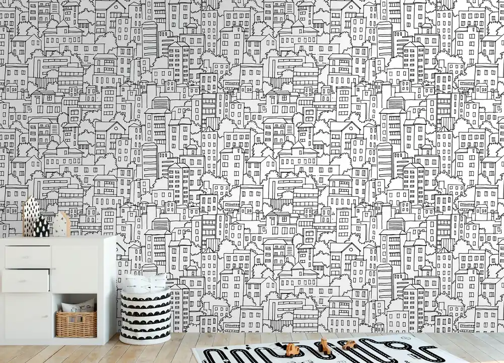 Fototapete Häuser mit Zeichnung in Schwarz ➤ 1,59x2,80 m Markenware