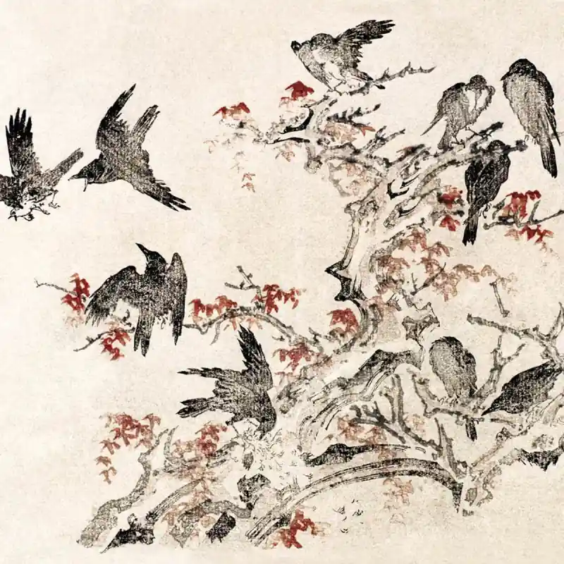 Finale Aktion Panoramatapete Oiseaux dans les branches d‘un érable Etoffe.com x Agence Musées Nationaux