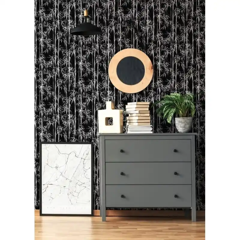 Begrenztes Angebot Vliestapete in schwarz, weiß Bambus Blätter Floral Natur (KG-171547)