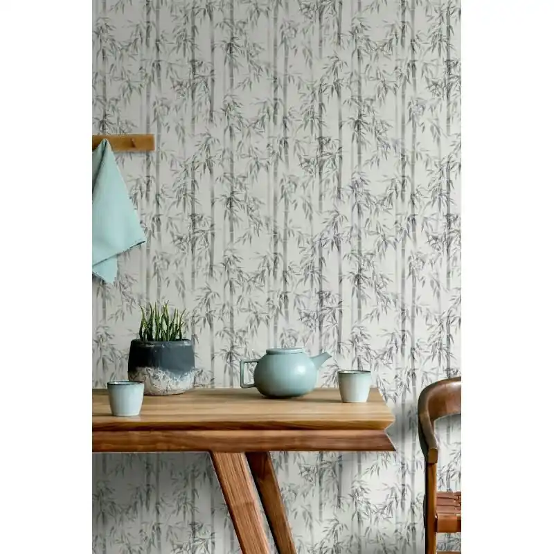 Vliestapete in weiß, grau Bambus Blätter Floral Natur (KG-171548) Nur Für Kurze Zeit