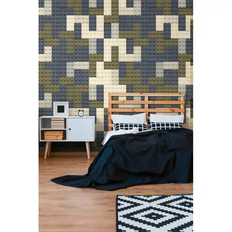 Fototapete Baustein-Muster Grau Blau Grün Kinderzimmer Tapete Klemmbausteine (KG-172157) Zertifiziert