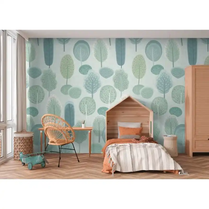 Begrenztes Angebot Wald Fototapete in Pastelloptik Grün Blau KinderzimmerTapete Bäume Vliestapete (KG-172163)