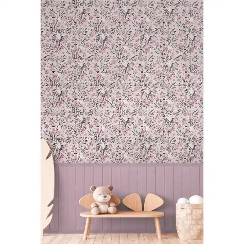 Fototapete Vögel Zweige Rosa florales Muster mit Holzpaneel Landhaus Vliestapete (KG-172166) Sichere Zahlung