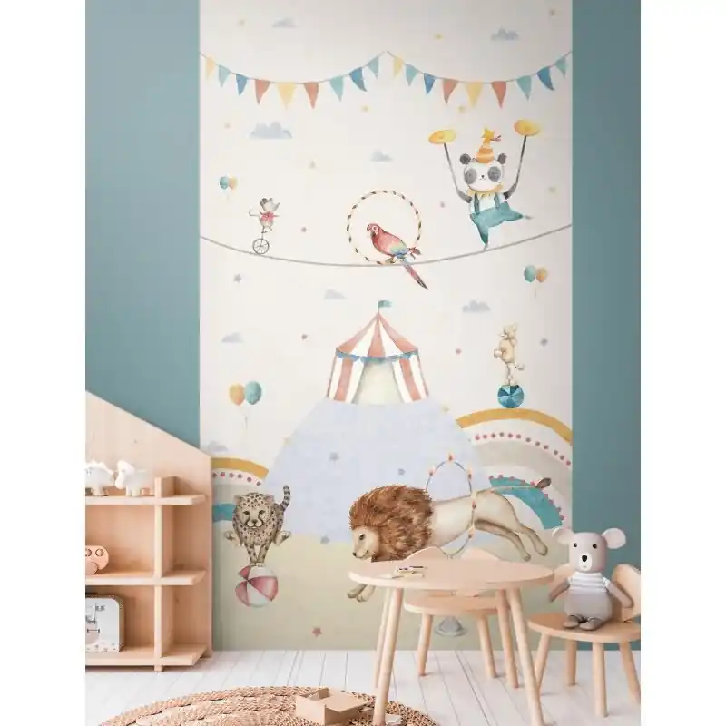 Zirkus Fototapete für Kinderzimmer Bunt Tiere und Zirkuszelt Vliestapete (KG-172164) Echt