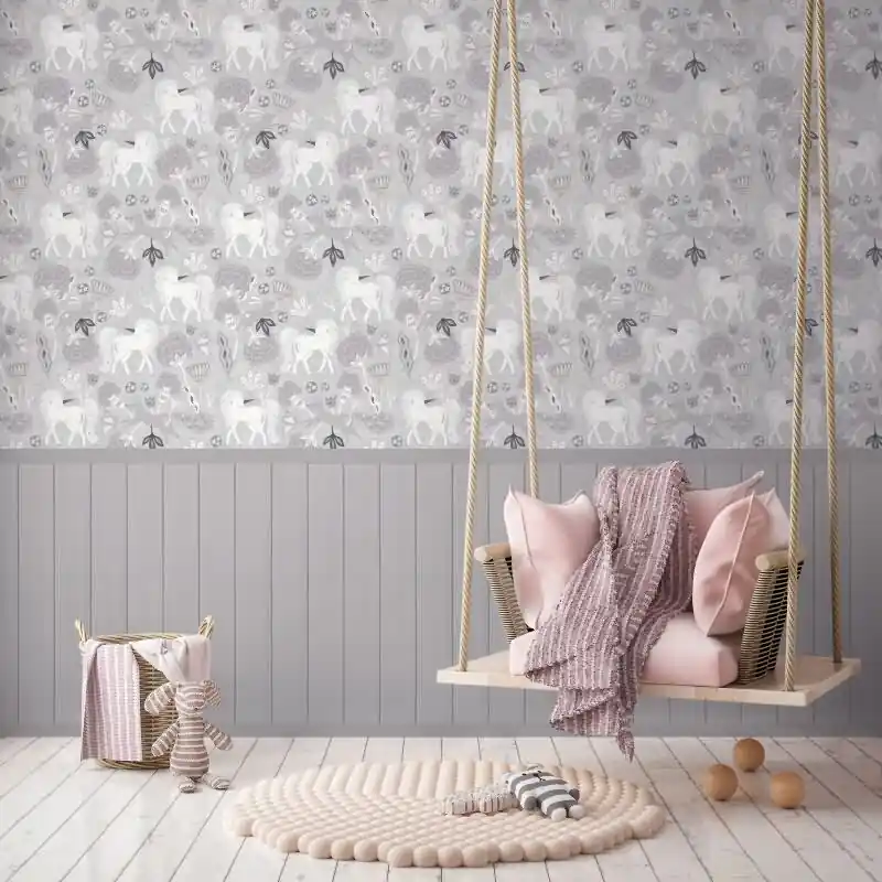 Top-Angebot Einhorn Fototapete Grau Vliestapete mit Holzpaneel Märchenhafte Tapete für Kinderzimmer (KG-172168)
