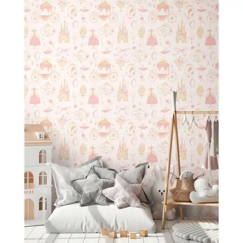 PrinzessinnenTapete Rosa Beige Kindertapete mit Schloss Kutsche Vliestapete (KG-172178) Direktkauf
