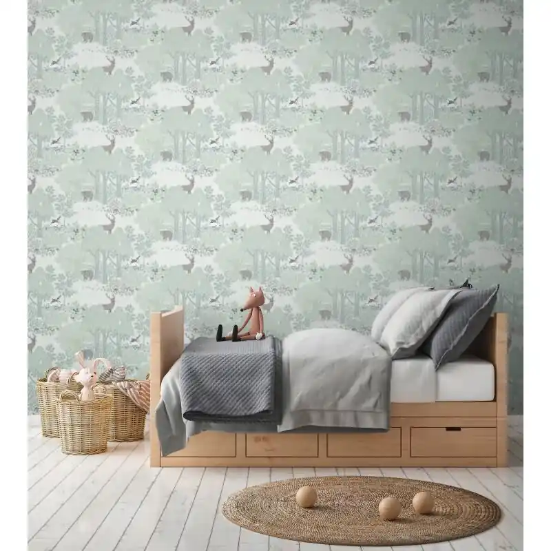 Wald-Tapete mit Tieren Grün Grau Kindertapete mit Bär Hirsch Natur Vliestapete Waldtiere Kinderzimmer (KG-172182) Sonderangebot