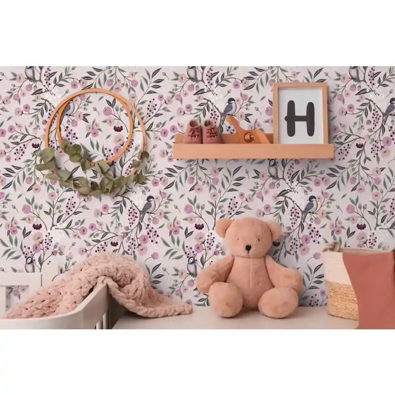 Florale Mustertapete Rosa Violett Vögel und Blüten Landhaus Kinderzimmer Vliestapete (KG-172187) Preisreduziert