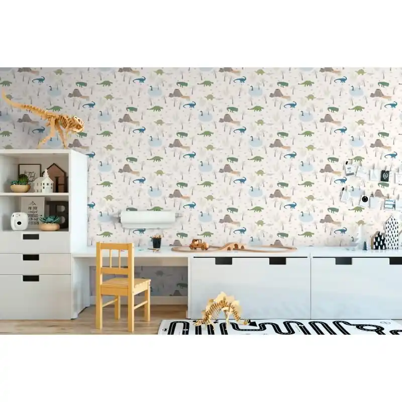 Versand Am Gleichen Tag Dino Tapete Kinderzimmer Jungen Tapete Bunt Beige Grün Blau Vliestapete mit Vulkan und Dinosauriern (KG-172193)