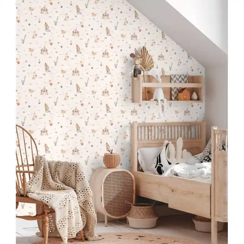 Knallerangebot Zirkus-Tapete Hellbeige Bunt Kinderzimmer Vliestapete mit Zirkustieren Artistik (KG-172203)