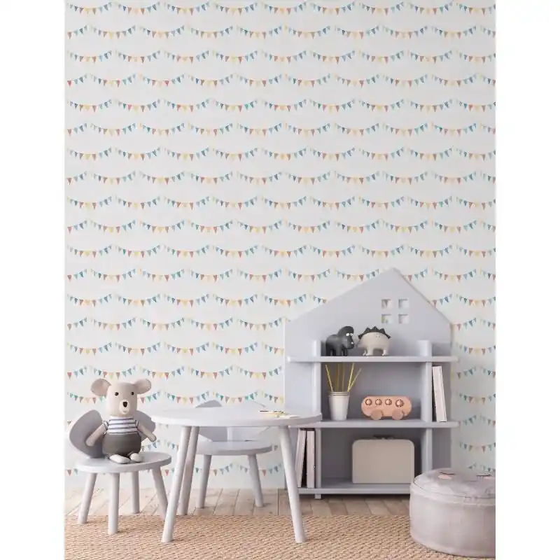 Wimpel-Tapete Bunt Beige Kinderzimmer Vliestapete mit Girlanden (KG-172205) Ausverkauf