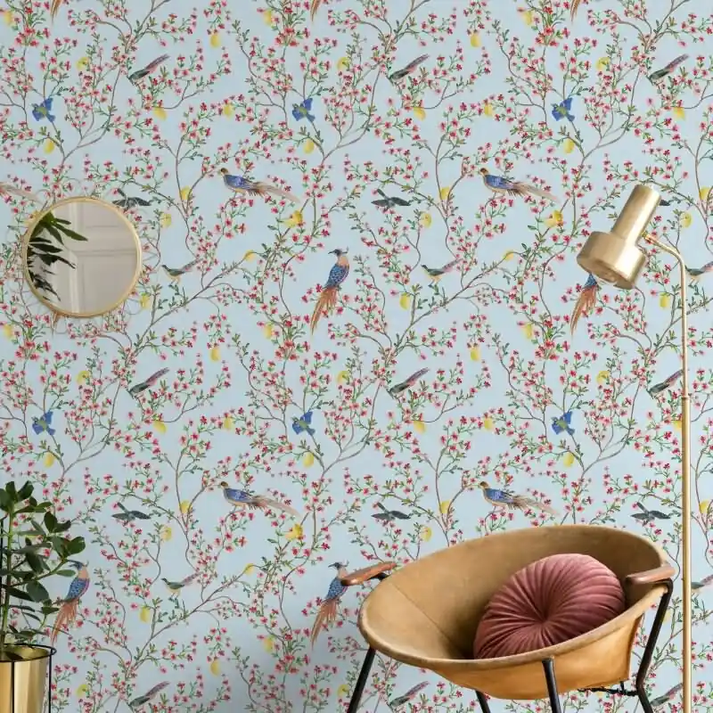 Abverkauf Vliestapete Vögel, Blumen Floral Natur matt in Blau für Wohnzimmer, Schlafzimmer (KG-172661)
