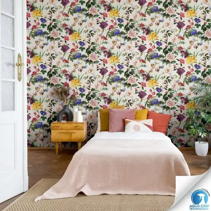Vorgekleisterte florale Tapete Blumen bunt Creme - Blumen-Vliestapete (KG-172822) Markenprodukt