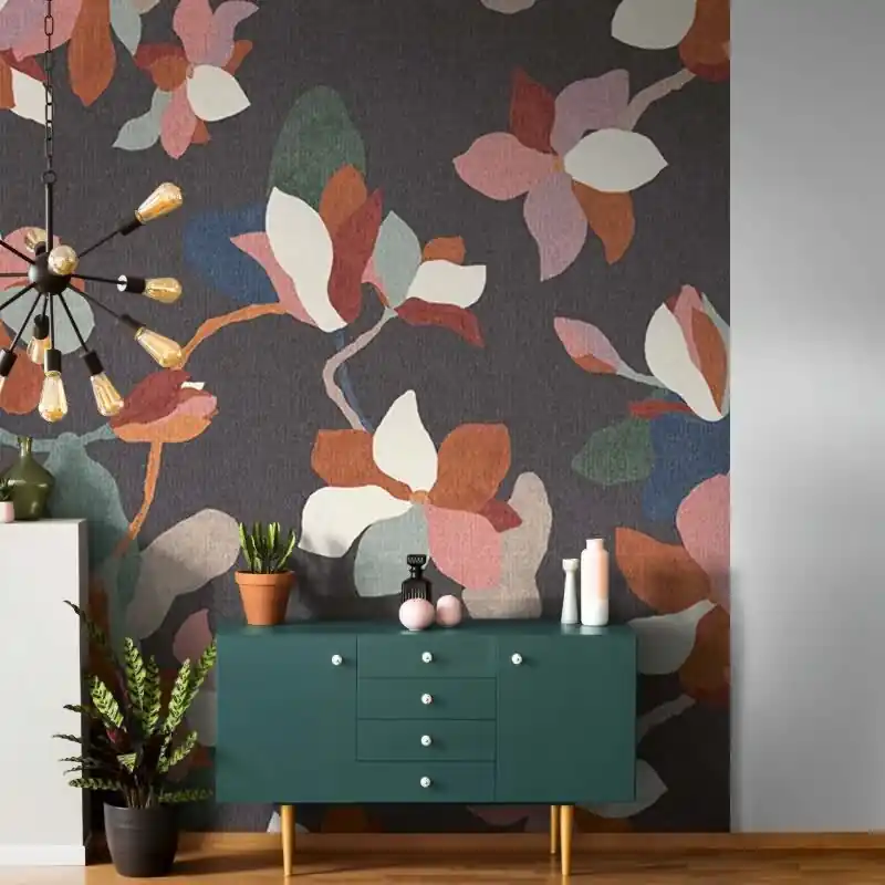 Aktuell Digitaldruck Blumen, Blätter Floral Natur, Modern in Anthrazit für Wohnzimmer, Schlafzimmer (KG-172892)