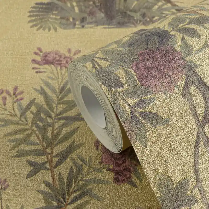 Blumen-Tapete mit Schmetterlinge Gelb Bunt - Vliestapete Vintage-Look elegant AS-Creation (KG-174677) Wochenendangebot