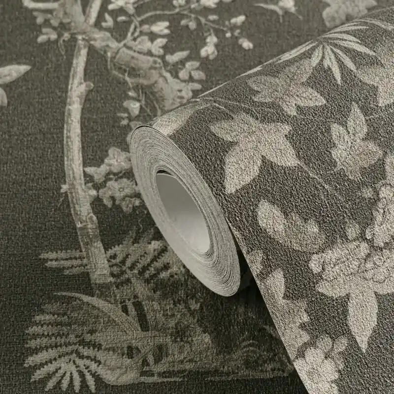 Sichere Zahlung Blumen-Tapete mit Schmetterlinge Schwarz Grau - Vliestapete elegant strukturiert AS-Creation (KG-174681)
