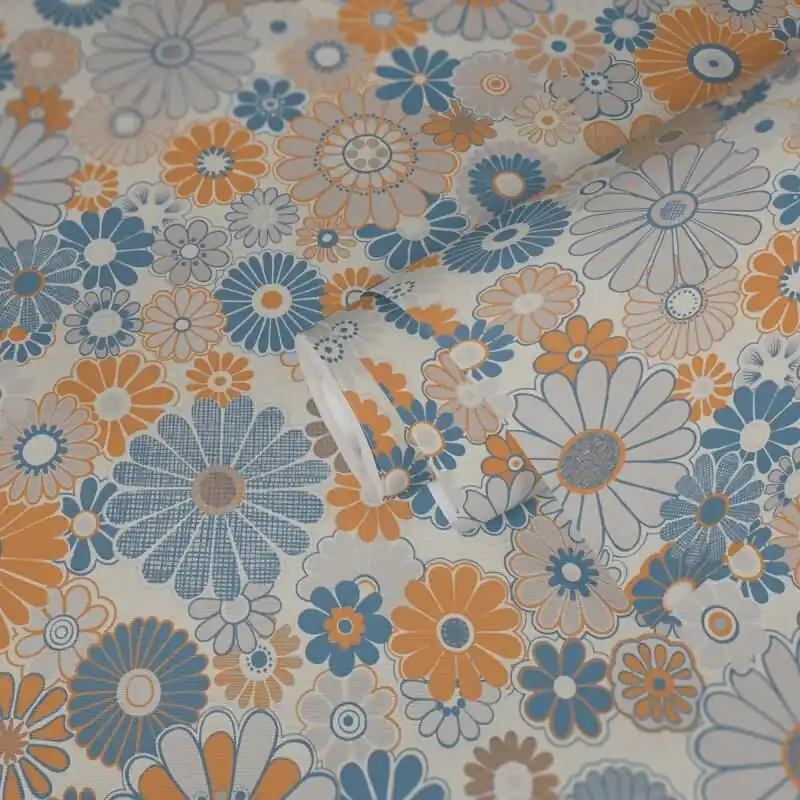 Top-Seller Blumen-Tapete Retro Blau Orange Beige - Mustertapete 70er Jahre - Vliestapete AS-Creation (KG-174860)