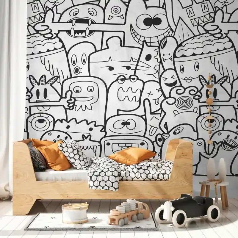 Echt Fototapete Comic-Doodle Schwarz Weiß - Verspieltes Muster mit Figuren - livingwalls Vliestapete erweiterbar (KG-175105)