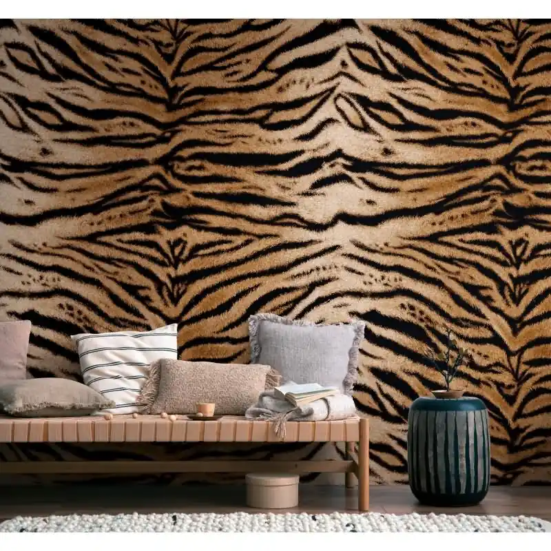 Markenware Fototapete Tigerfell Braun Schwarz - Animal-Print mit Wildoptik - livingwalls Vliestapete erweiterbar (KG-175109)