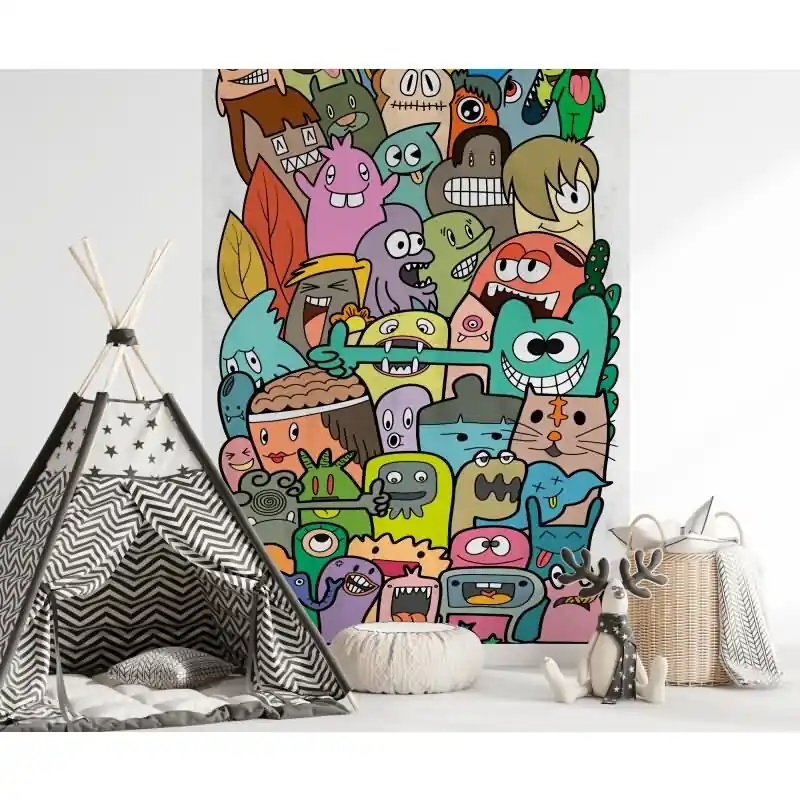 Sichere Zahlung Fototapete Comic-Figuren Bunt - Lustige Doodle Monster auf Weiß - livingwalls Vliestapete erweiterbar (KG-175106)