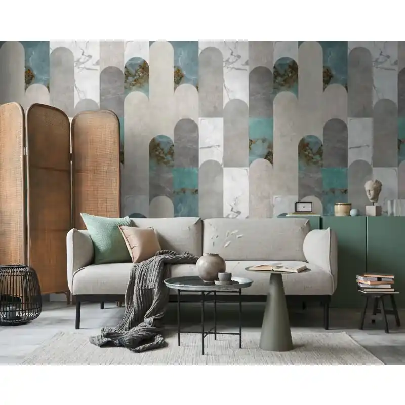 Fototapete Geometrisch Bogenmuster Türkis Grau - Modernes Design mit Struktur - livingwalls Vliestapete erweiterbar (KG-175113) Direkt Vom Hersteller