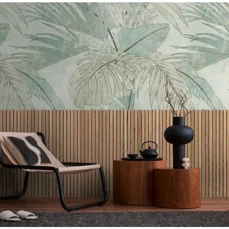 Fototapete Palmblatt auf Holzoptik Grün Braun - Naturmotiv modern interpretiert - livingwalls Vliestapete erweiterbar (KG-175132) Abverkauf