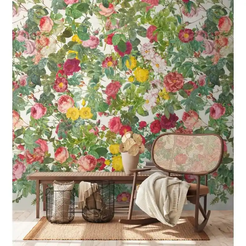 Fototapete Blumenranken Bunt Grün - Verspieltes Blütenmuster mit Blättern - livingwalls Vliestapete erweiterbar (KG-175141) Beliebt