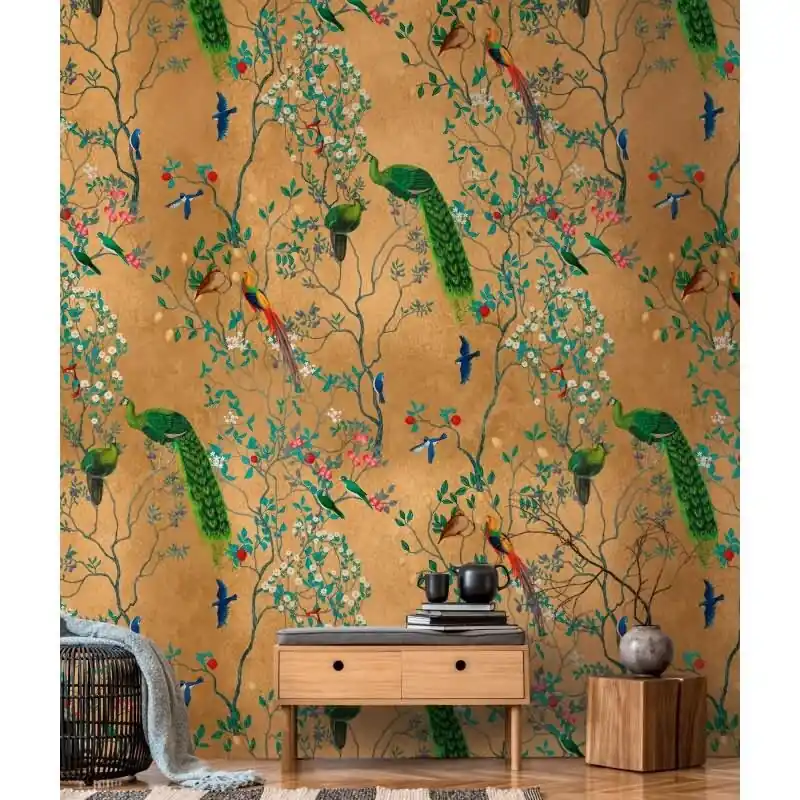 Fototapete Goldene Landschaft mit Kranichen - Asiatisches Naturmotiv auf Orange - livingwalls Vliestapete erweiterbar (KG-175157) Preis Gesenkt