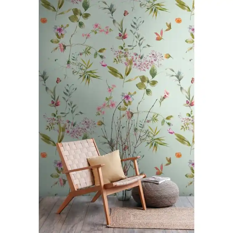 Fototapete Blütenzweige Mintgrün Rosa - Verspieltes Blumenmuster leicht - livingwalls Vliestapete erweiterbar (KG-175156) Neue Kollektion
