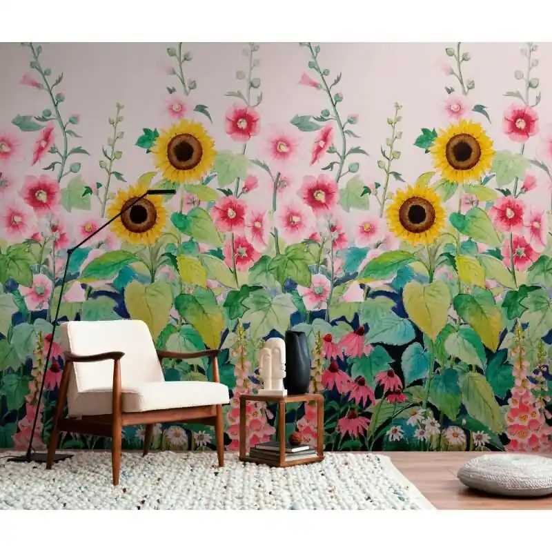 Nur Heute Fototapete Blumenwiese Rosa Bunt - Sonnenblumen und Sommerblüten verspielt - livingwalls Vliestapete erweiterbar (KG-175158)