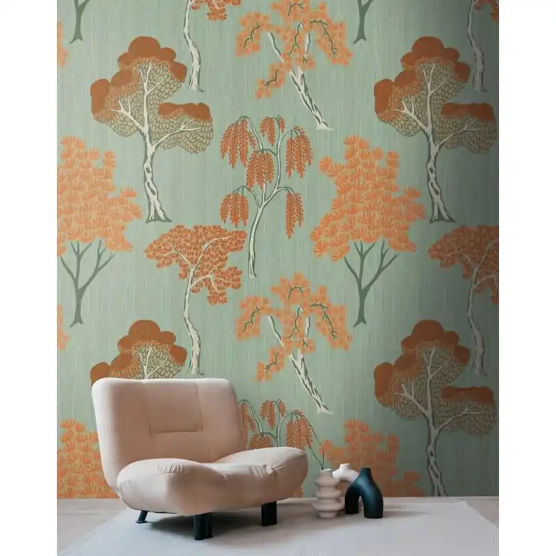Fototapete Bäume Orange auf Grün - Modernes Naturmotiv mit Kontrastwirkung - livingwalls Vliestapete erweiterbar (KG-175162) Knallerangebot