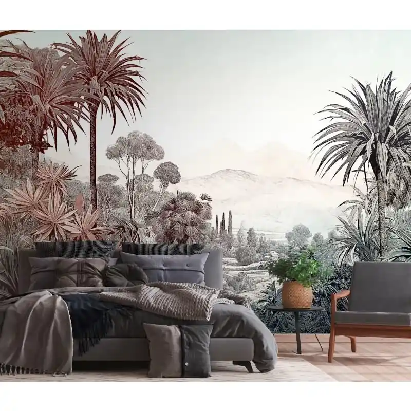 Fototapete Tropenlandschaft Rosa Anthrazit - Vintage Palmenmotiv mit Weitblick - livingwalls Vliestapete (KG-175177) Sonderaktion