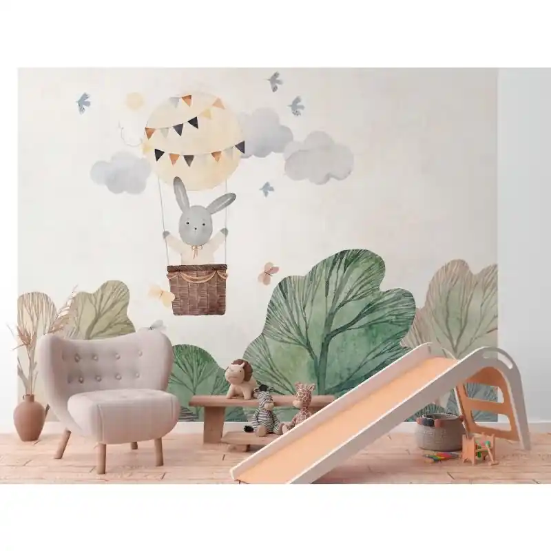 Heißes Angebot Fototapete Heißluftballon mit Bär Kinderzimmer - Verspielte Tierwelt in sanften Farben - livingwalls Vliestapete (KG-175179)