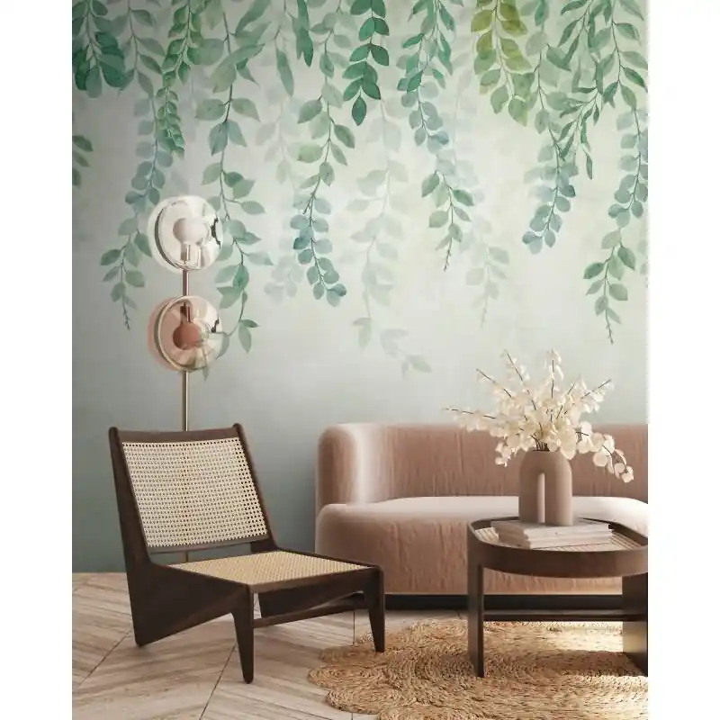 Angebot Fototapete Hängende Blätter Aquarell Grün - Frisches Naturmotiv mit zarten Ranken - livingwalls Vliestapete (KG-175181)