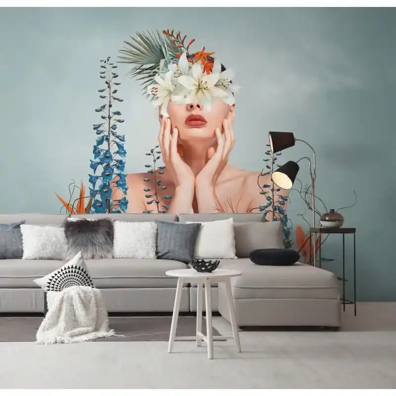 Neue Ware Fototapete Frau mit Blumen Pastell Türkis - Künstlerisches Portrait mit floralen Elementen - livingwalls Vliestapete (KG-175185)