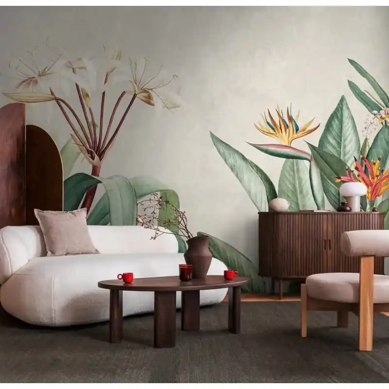 Direkt Vom Hersteller Fototapete Tropische Pflanzen Beige Grün - Exotisches Blumenmotiv im Vintage-Stil - livingwalls Vliestapete (KG-175189)