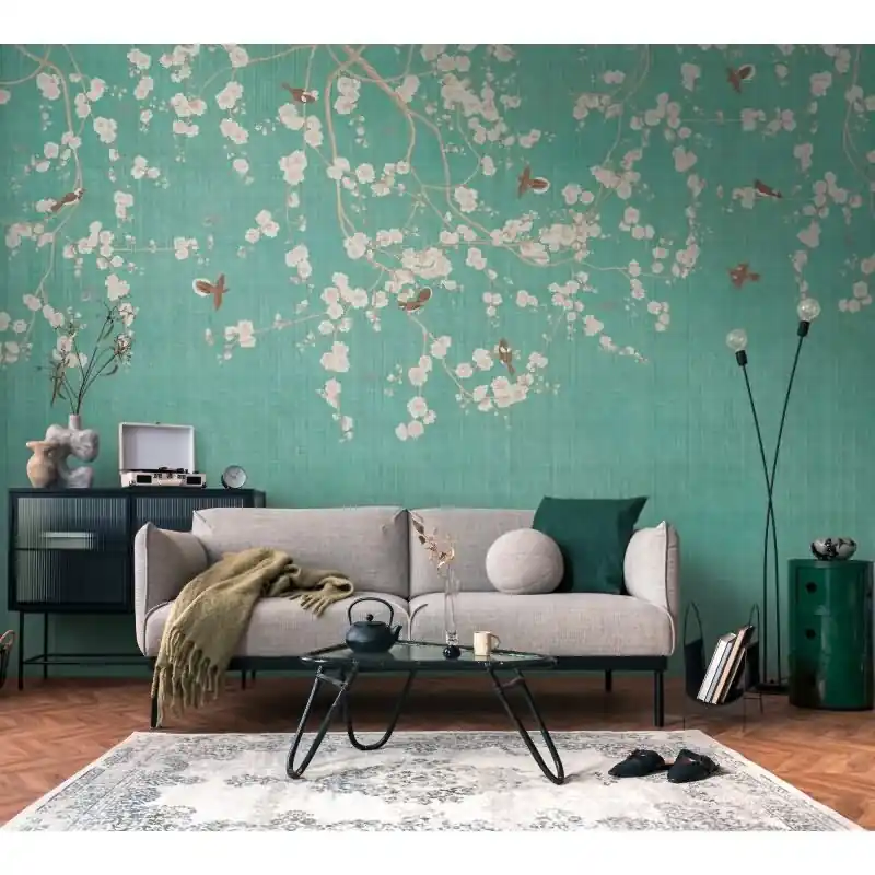 Direktkauf Fototapete Blütenzweige Türkis Beige - Florale Hängemotive mit Vögeln - livingwalls Vliestapete asiatisch inspiriert (KG-175193)